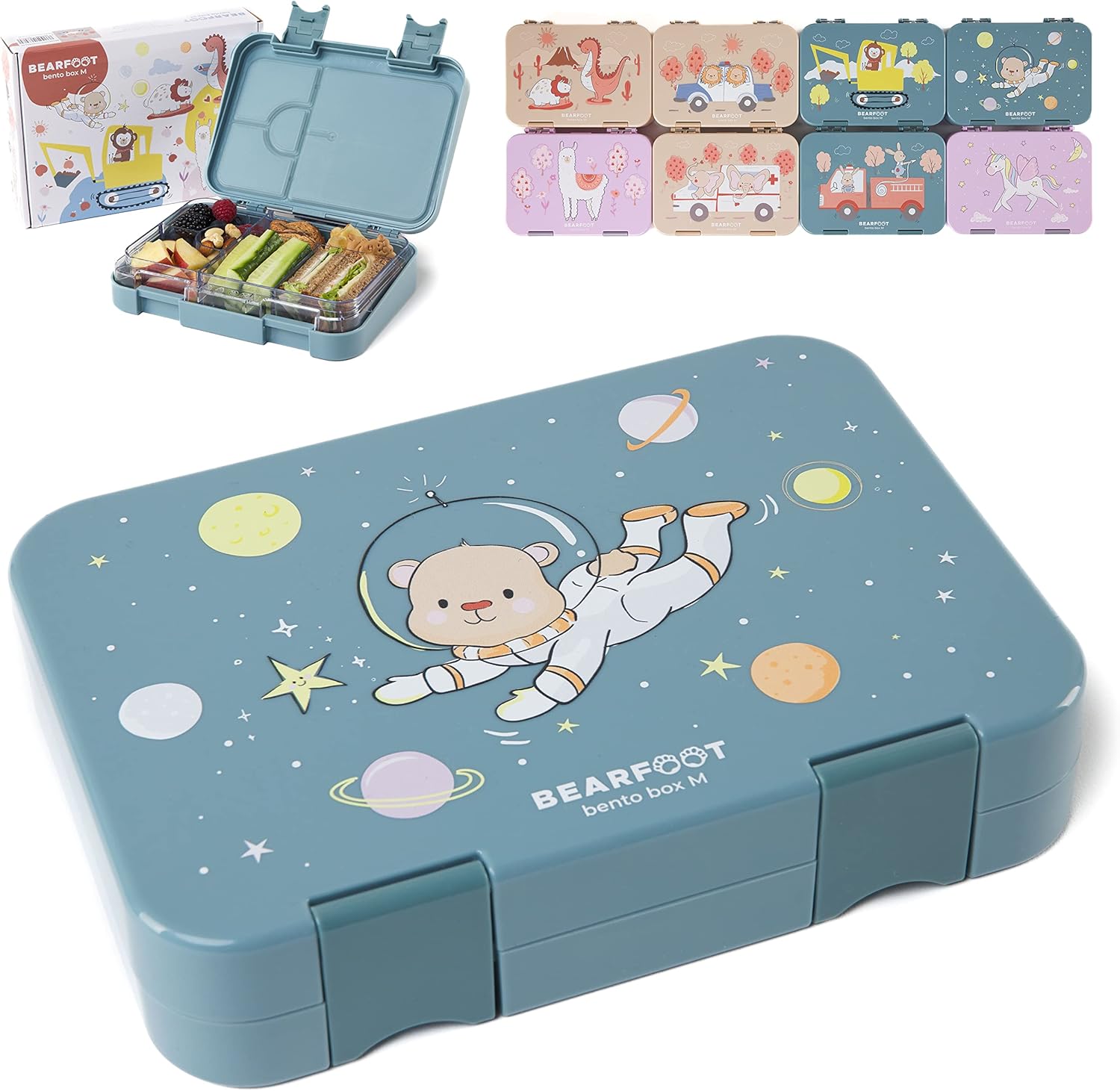BEARFOOT Children's Bento Lunch Box with Compartments, BPA-Free (Blue - AstroBär)