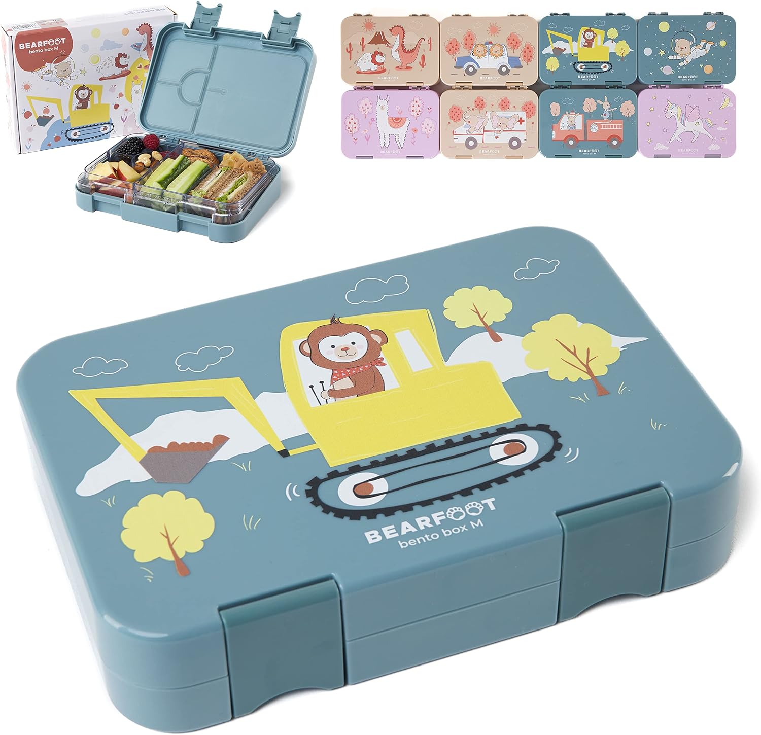 BEARFOOT Children's Bento Lunch Box with Compartments, BPA-Free (Blue - Digger Monkey)
