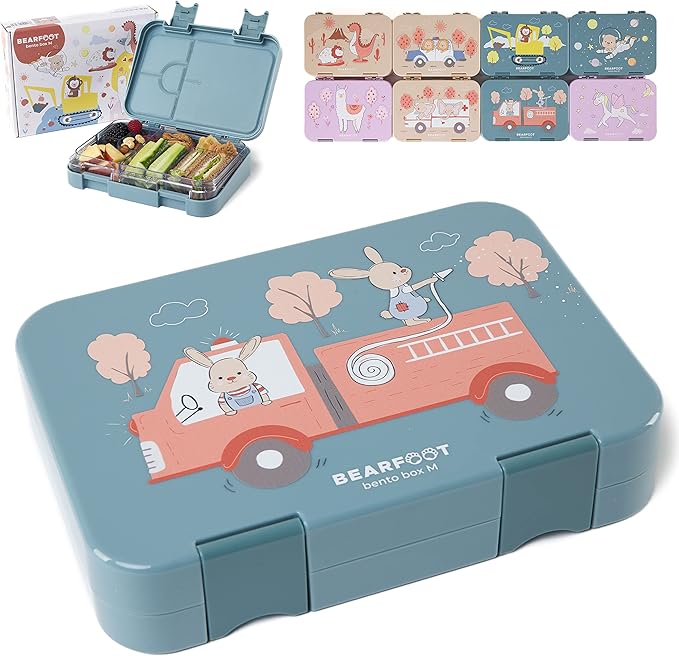 BEARFOOT Children's Bento Lunch Box with Compartments, BPA-Free (Blue - Fire Brigade Rabbits)