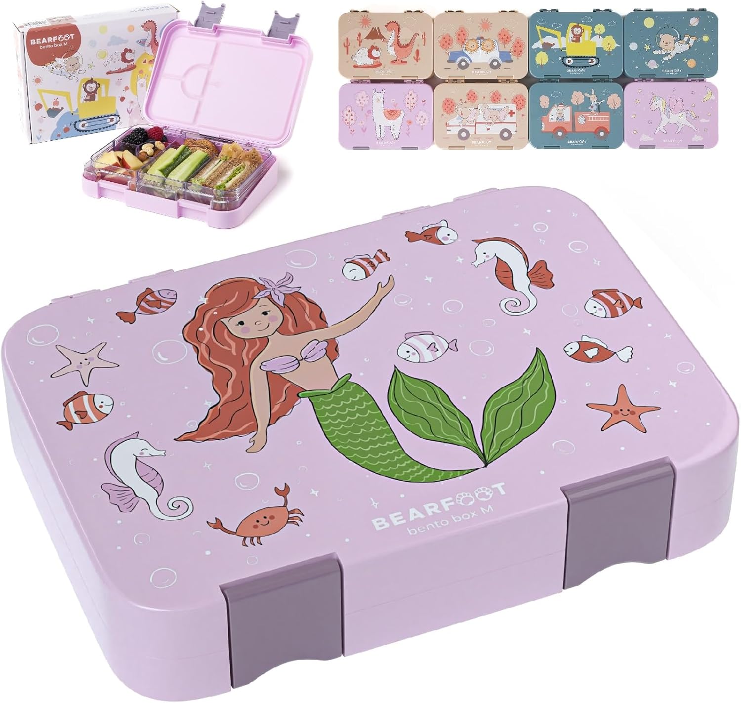 BEARFOOT Children's Bento Lunch Box with Compartments, BPA-Free (Purple - Mermaid)