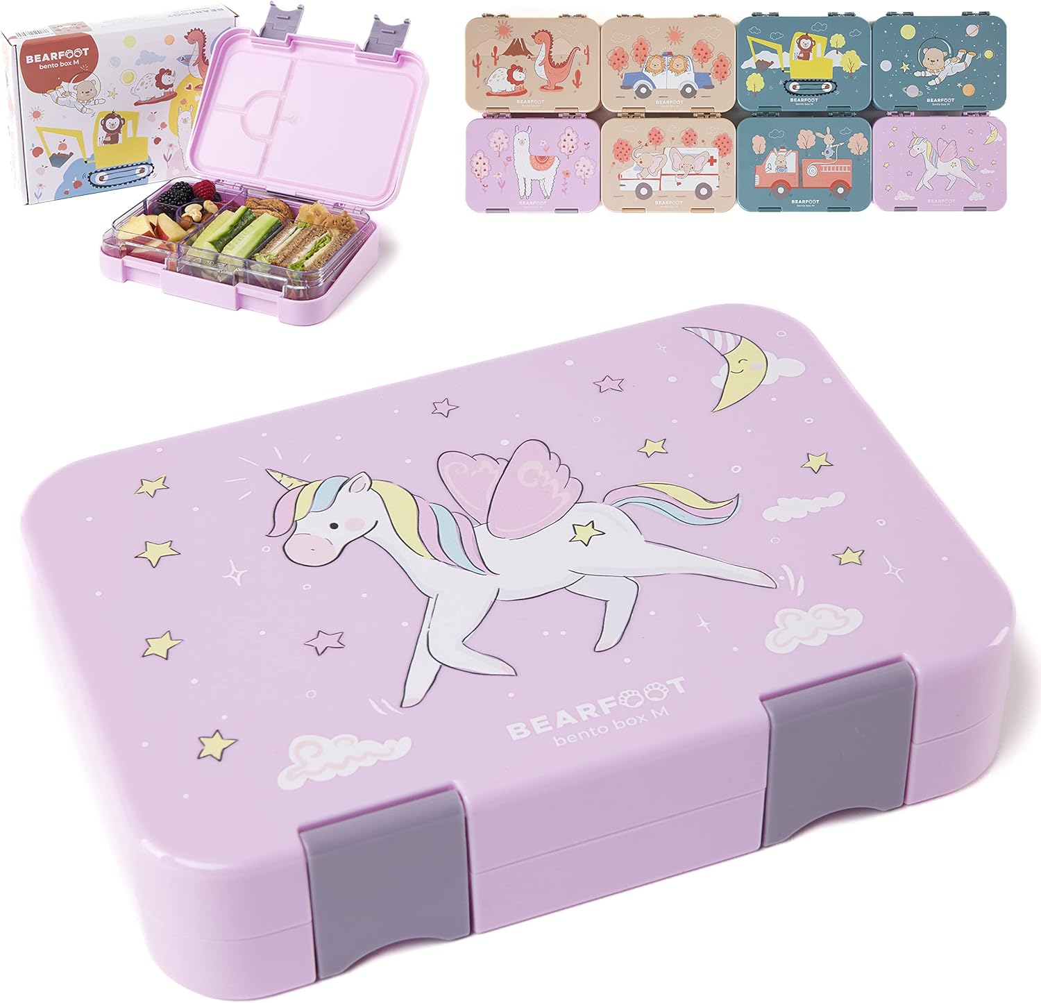 BEARFOOT Children's Bento Lunch Box with Compartments, BPA-Free (Purple - Unicorn)