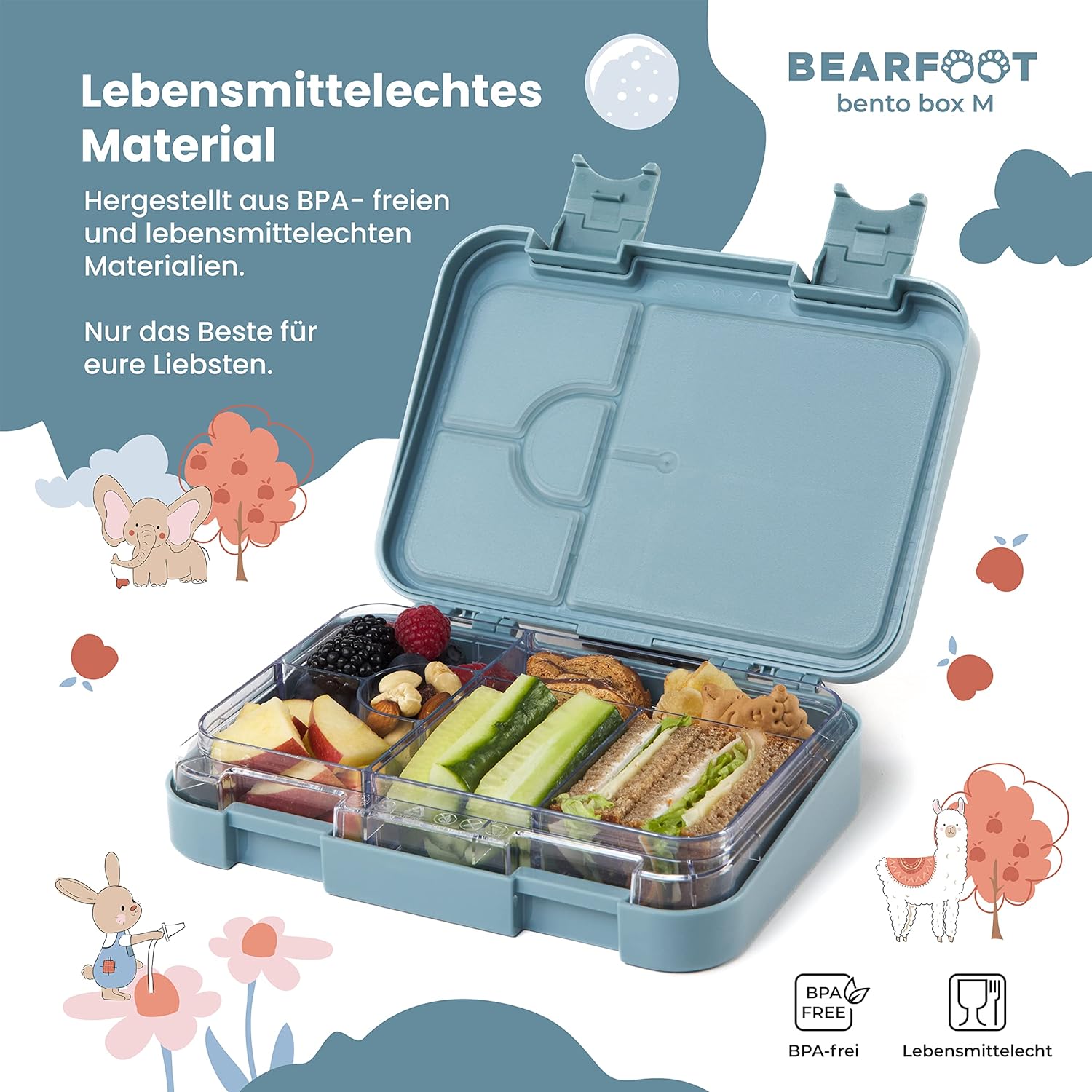 BEARFOOT Children's Bento Lunch Box with Compartments, BPA-Free (Blue - Fire Brigade Rabbits)