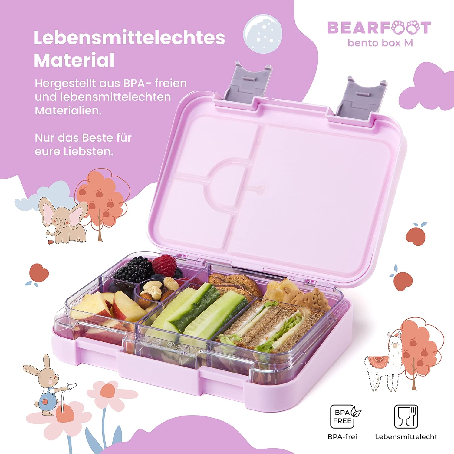 BEARFOOT Children's Bento Lunch Box with Compartments, BPA-Free (Purple - Mermaid)