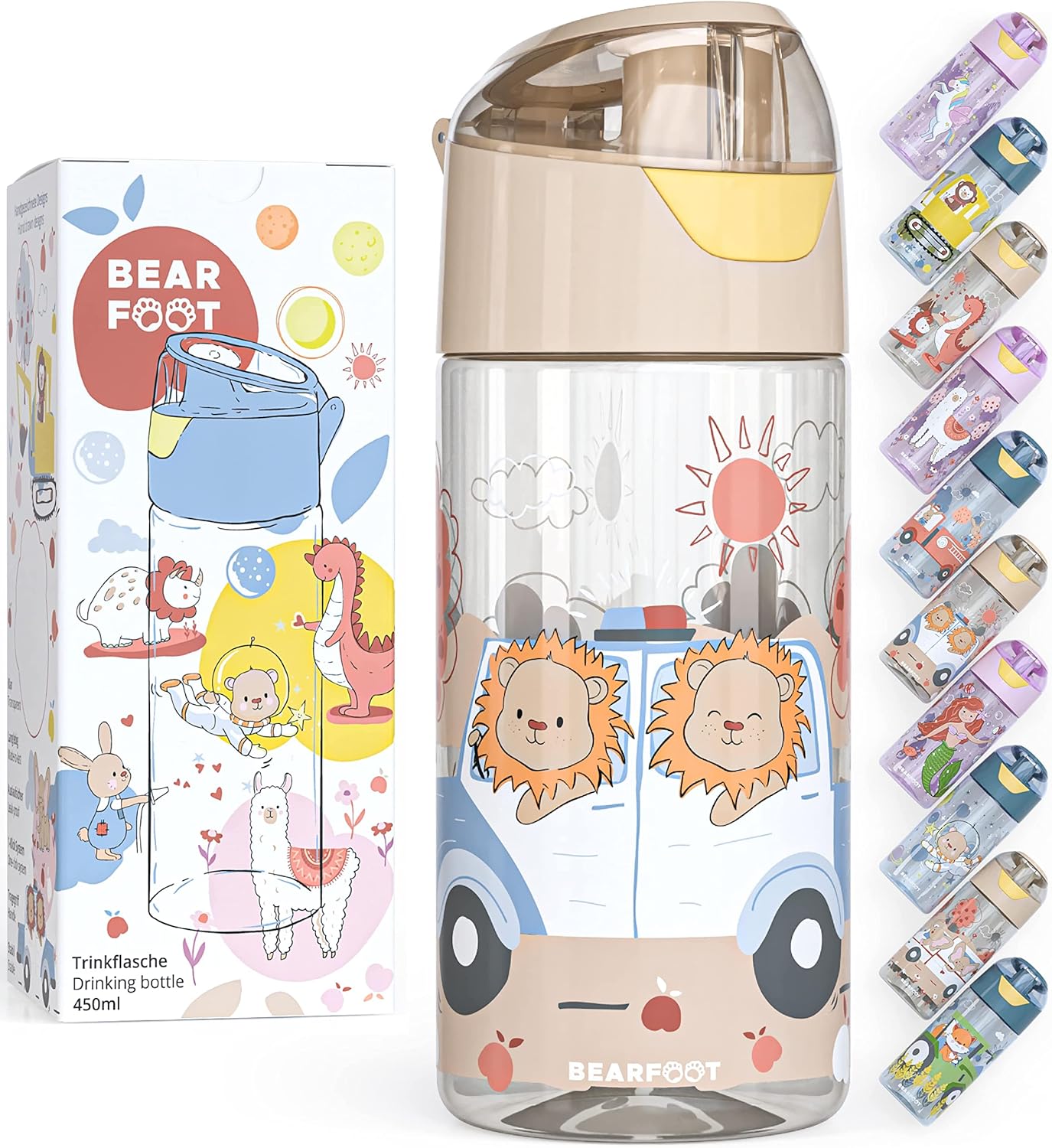 BEARFOOT Children's Water Bottle, 450 ml, Lightweight Tritan BPA-Free (Beige - Police Lions)