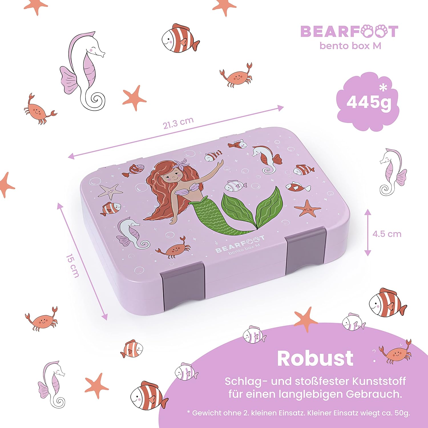 BEARFOOT Children's Bento Lunch Box with Compartments, BPA-Free (Purple - Mermaid)