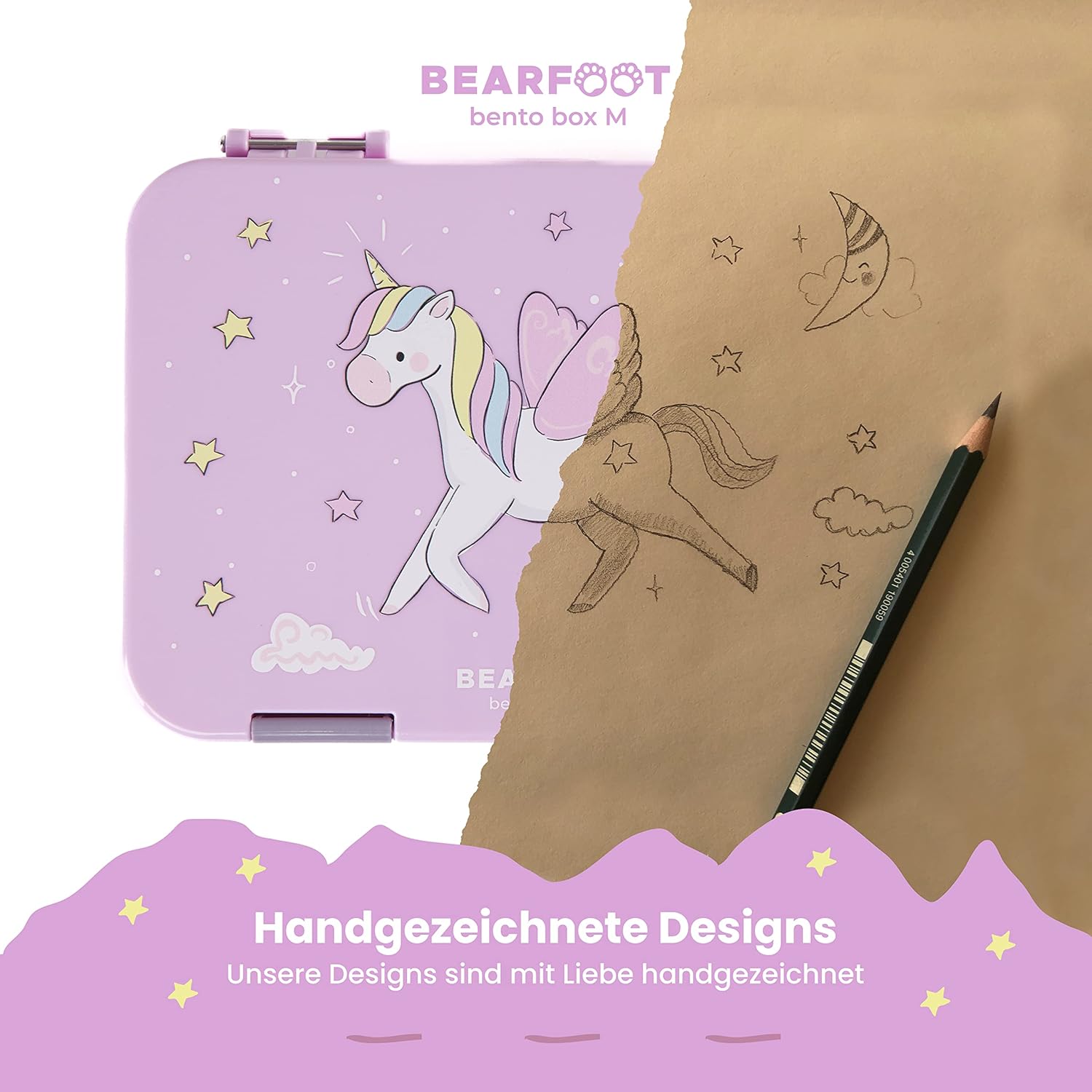 BEARFOOT Children's Bento Lunch Box with Compartments, BPA-Free (Purple - Unicorn)