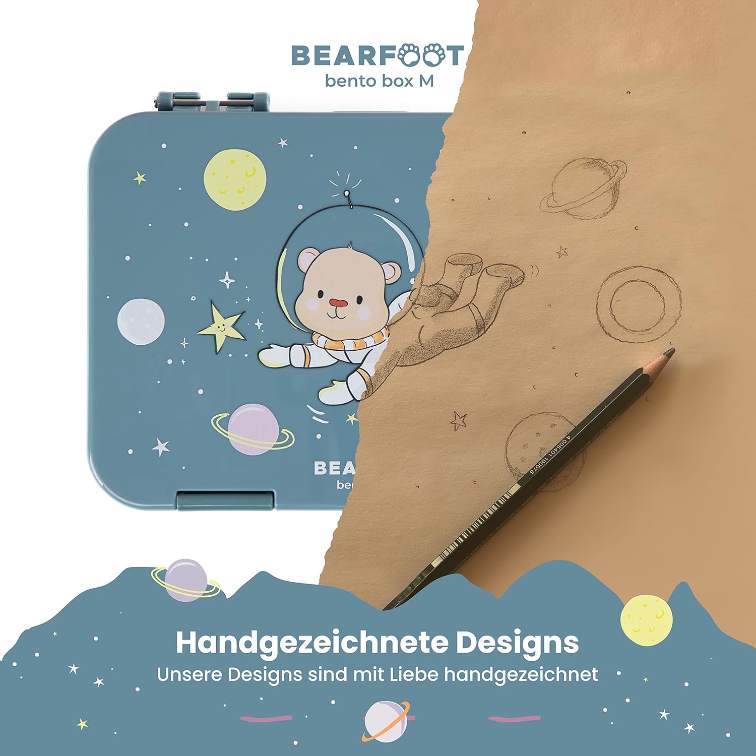 BEARFOOT Children's Bento Lunch Box with Compartments, BPA-Free (Blue - AstroBär)