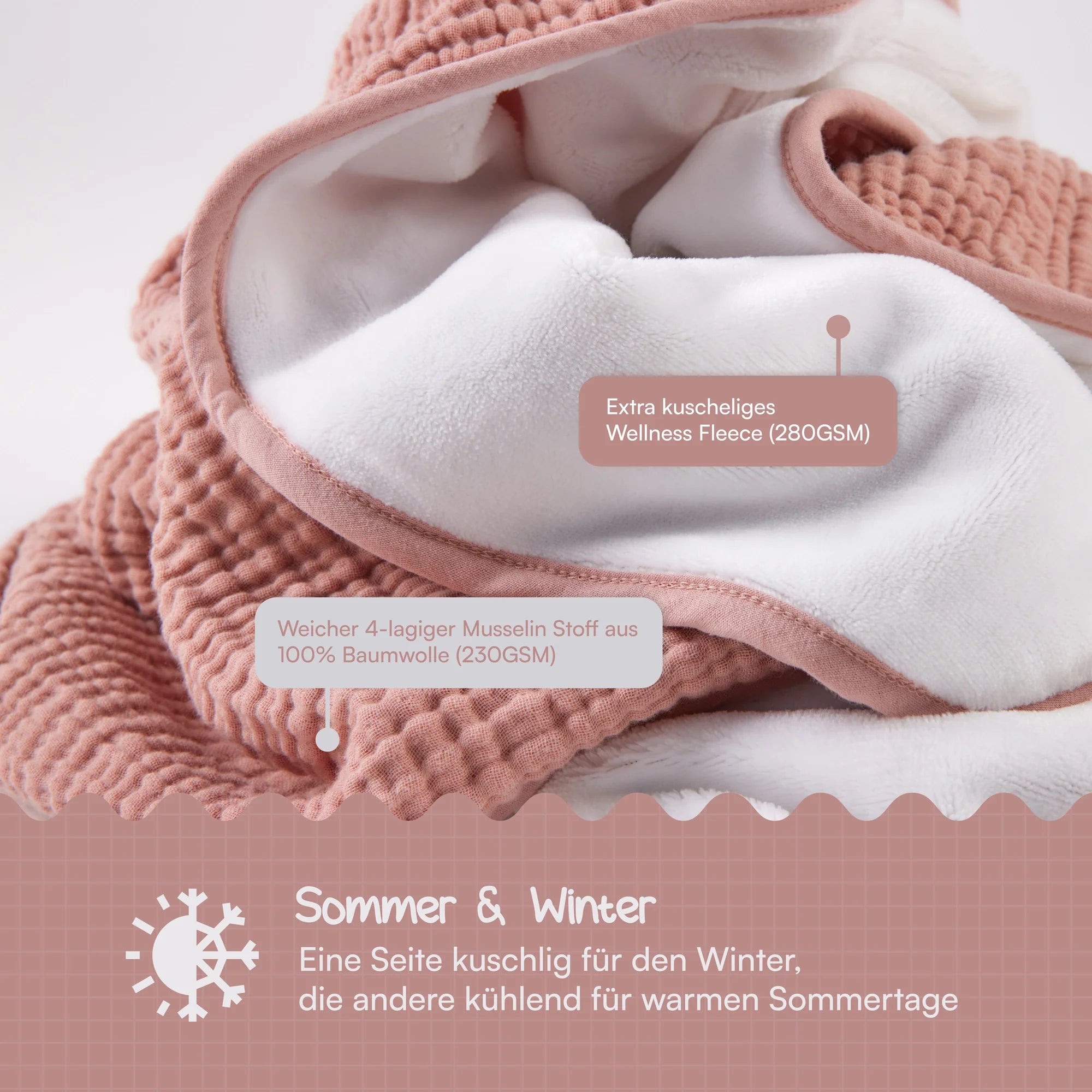 Muslin baby blanket, fluffy and soft fleece - pink