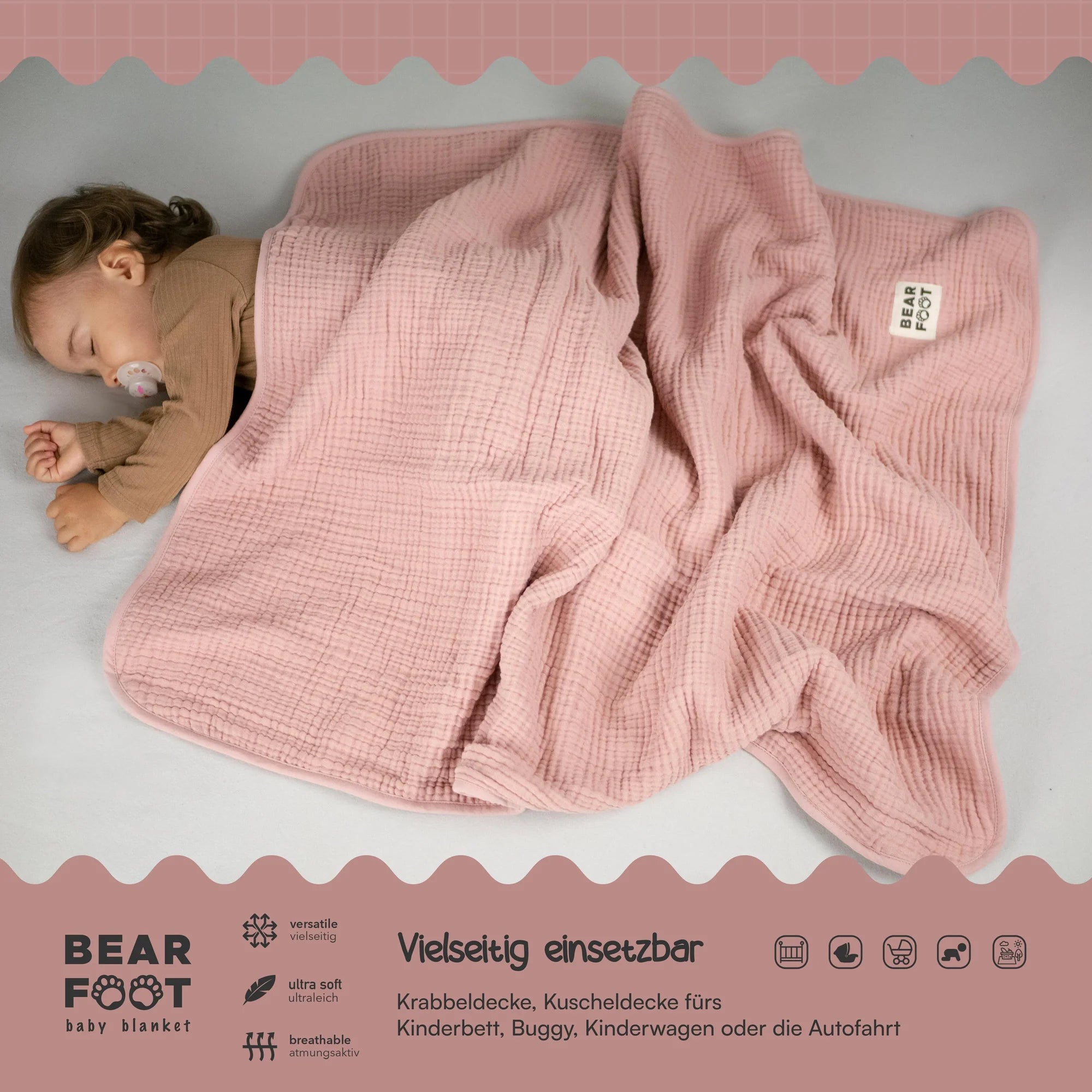 Muslin baby blanket, fluffy and soft fleece - pink