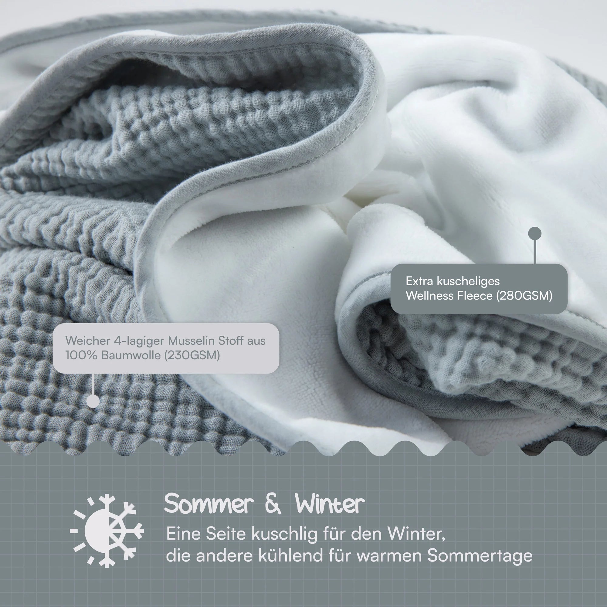 Muslin baby blanket, fluffy and soft fleece - gray