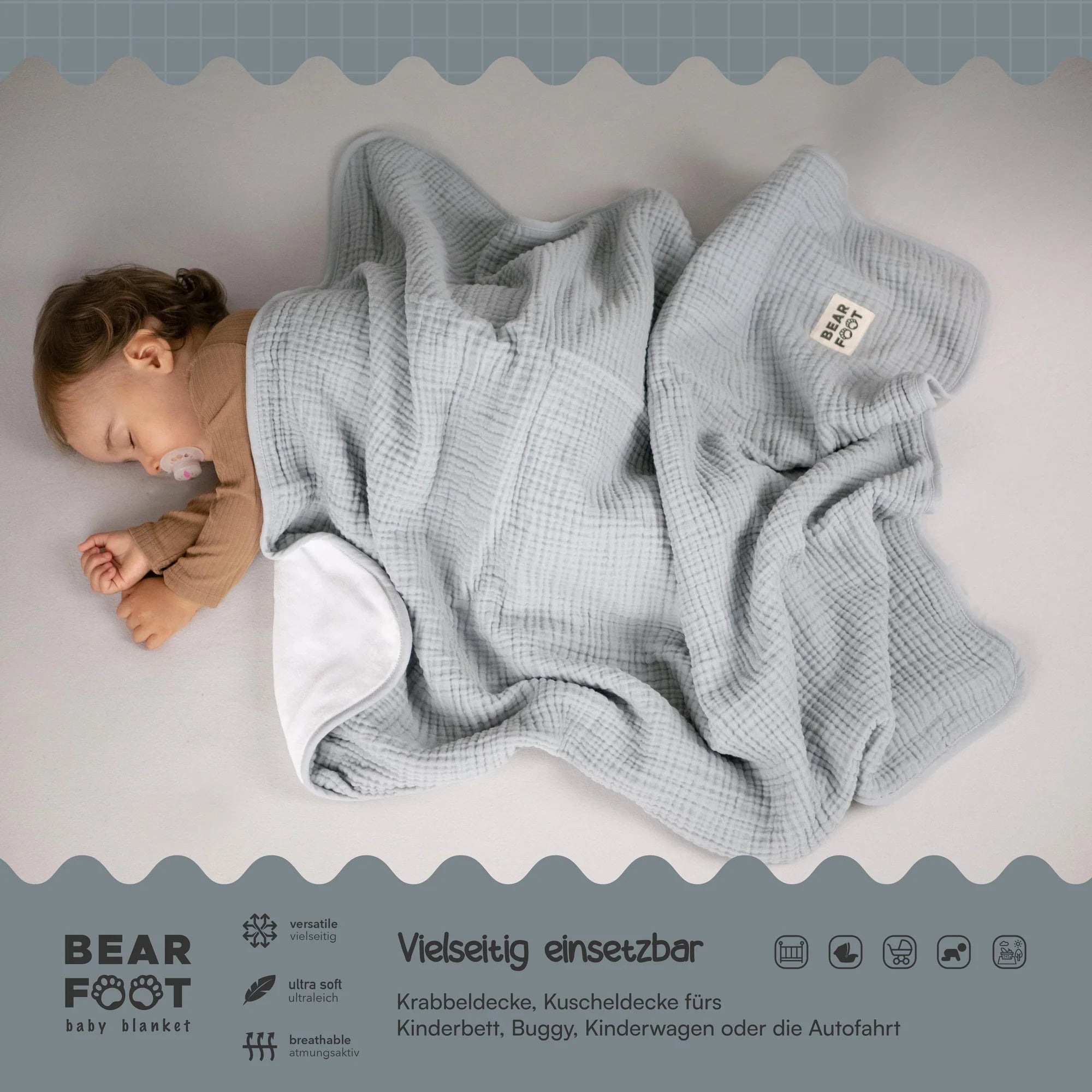 Muslin baby blanket, fluffy and soft fleece - gray