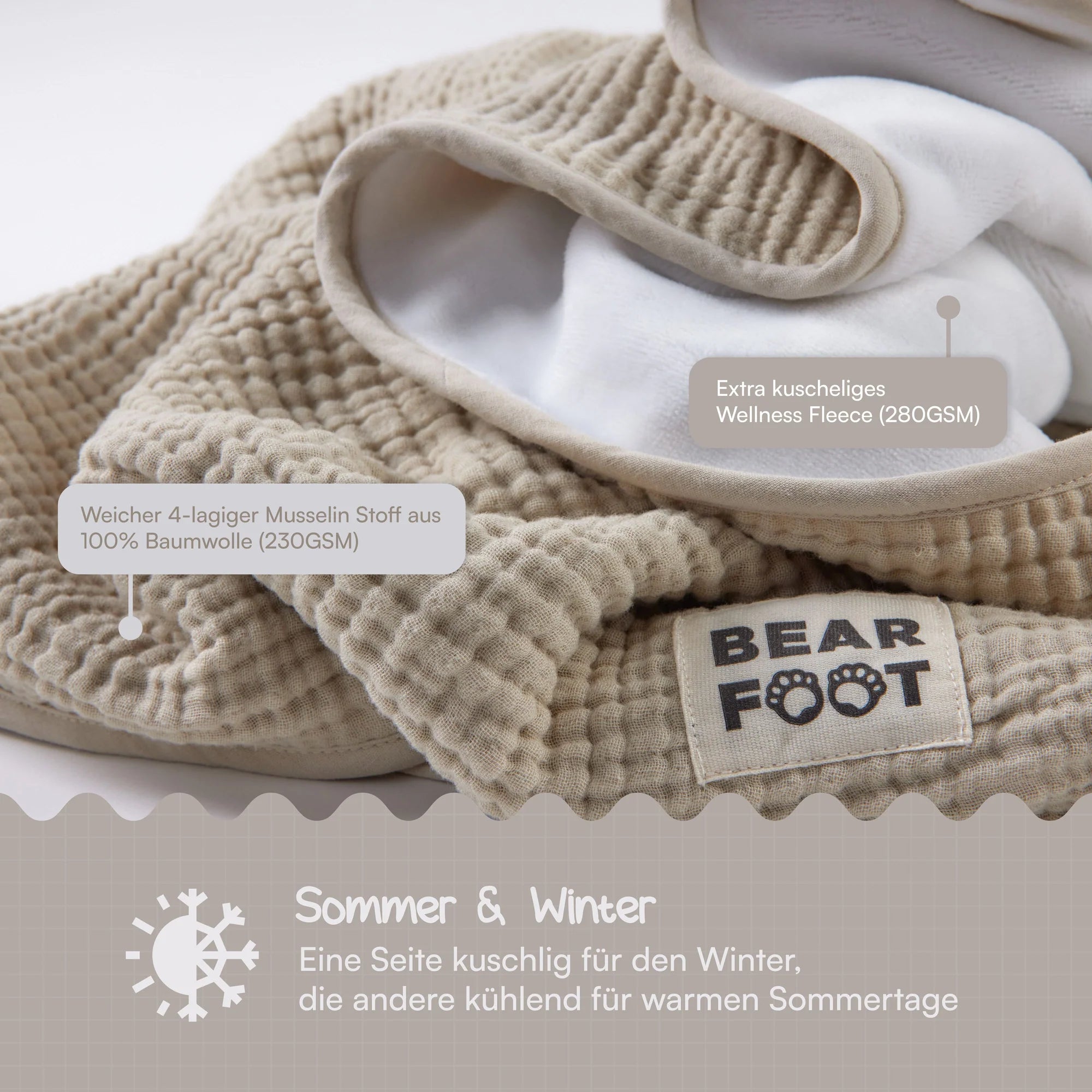 Muslin baby blanket, fluffy and soft fleece - Brown