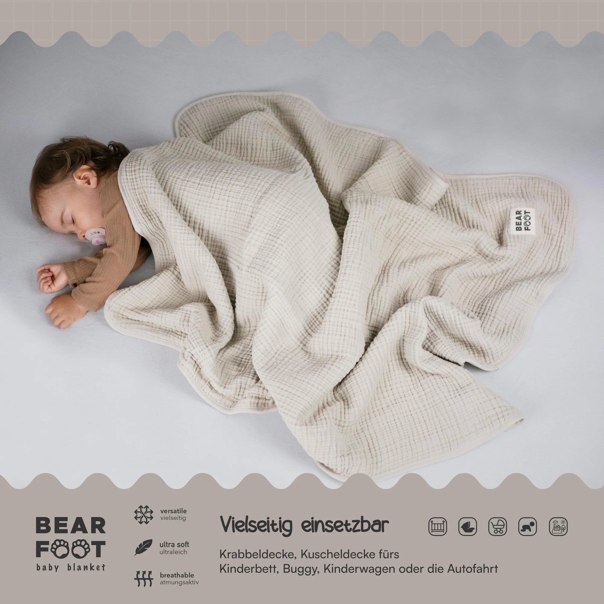 Muslin baby blanket, fluffy and soft fleece - Brown