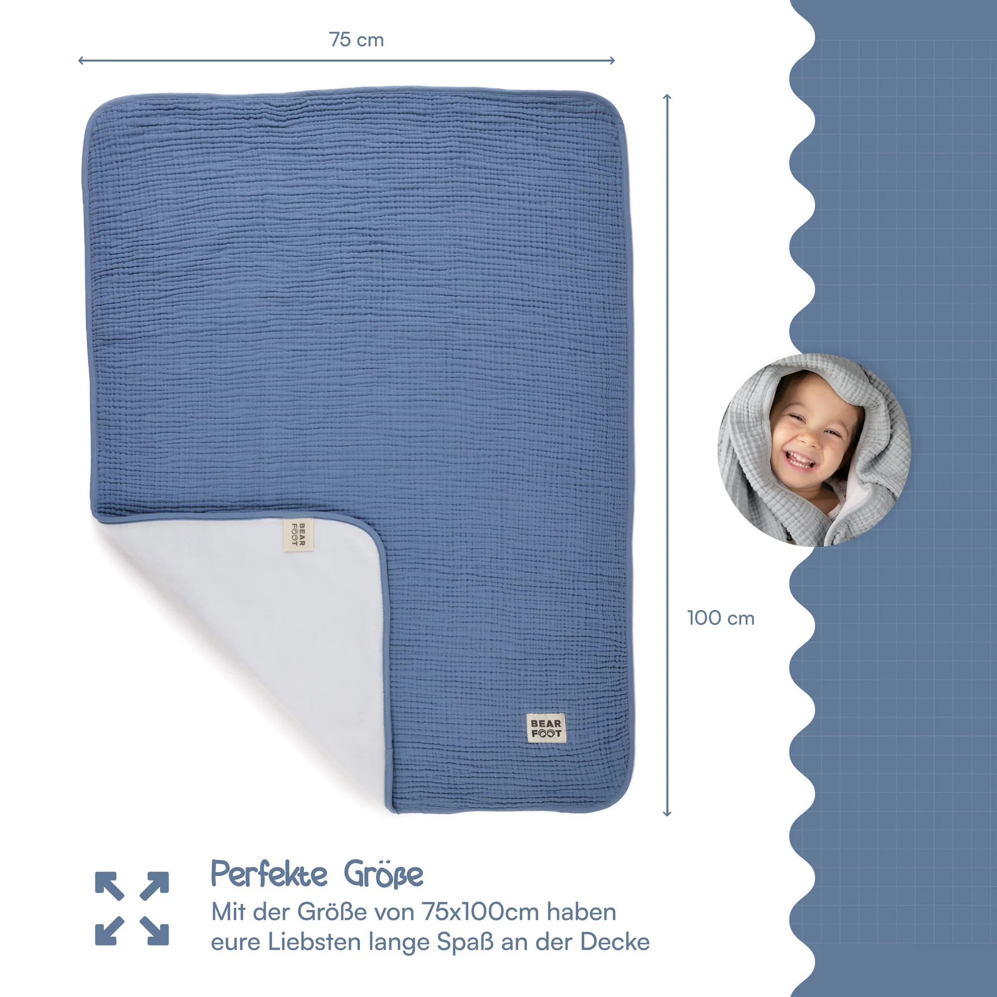 Muslin baby blanket, fluffy and soft fleece - blue