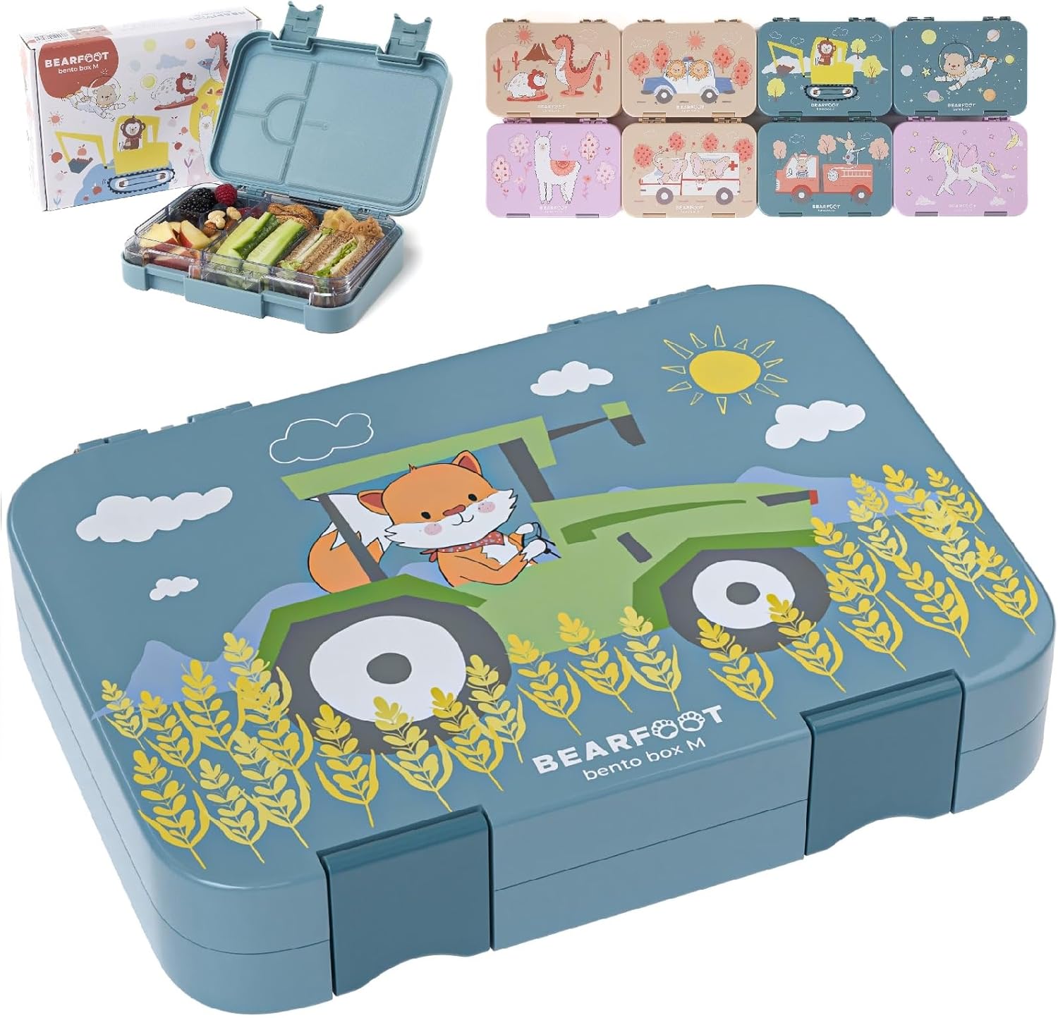 BEARFOOT Children's Bento Lunch Box with Compartments, BPA-Free (Blue - Tractor Fuchs)