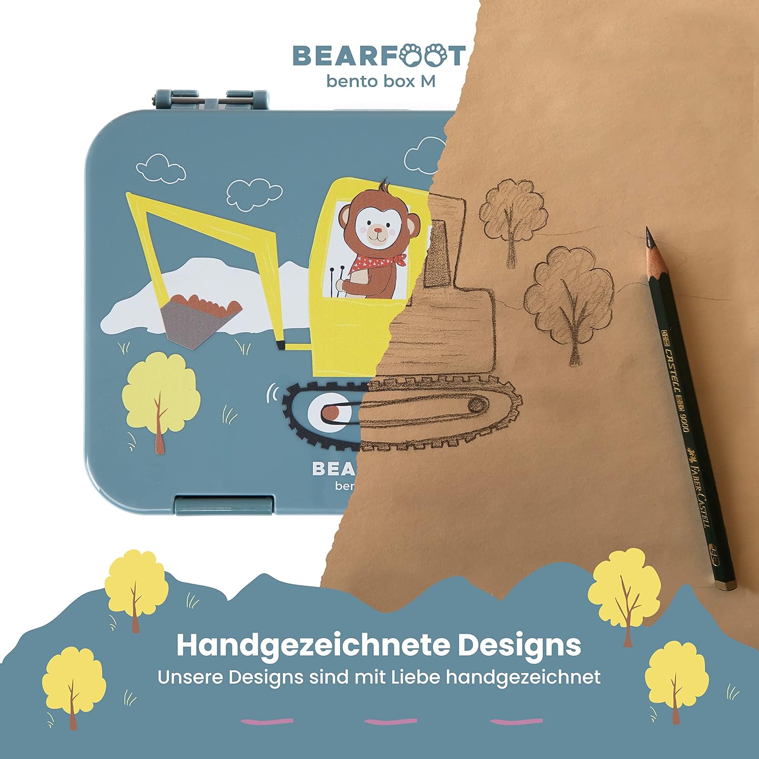 BEARFOOT Children's Bento Lunch Box with Compartments, BPA-Free (Blue - Digger Monkey)