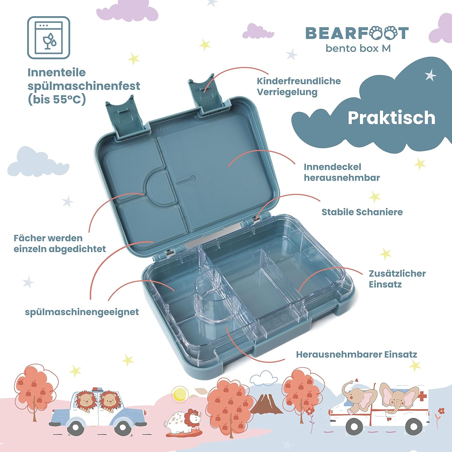 BEARFOOT Children's Bento Lunch Box with Compartments, BPA-Free (Blue - Digger Monkey)