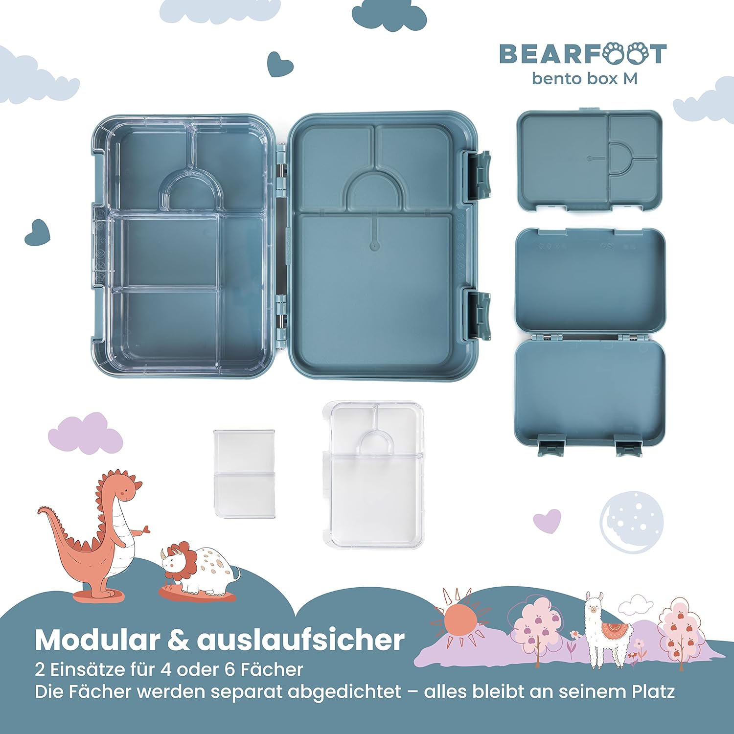 BEARFOOT Children's Bento Lunch Box with Compartments, BPA-Free (Blue - Tractor Fuchs)