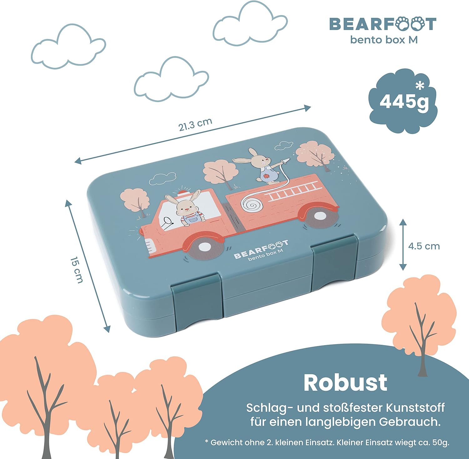 BEARFOOT Children's Bento Lunch Box with Compartments, BPA-Free (Blue - Fire Brigade Rabbits)