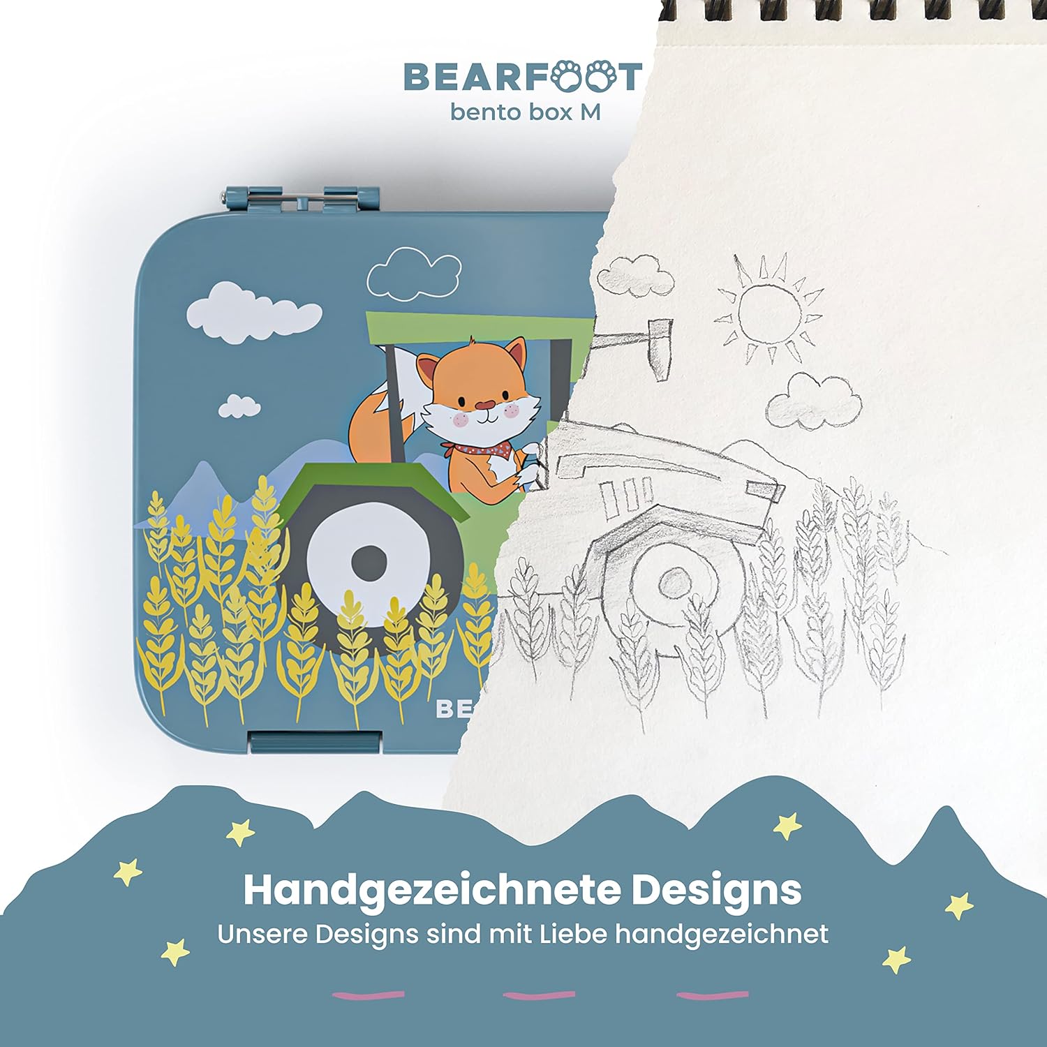 BEARFOOT Children's Bento Lunch Box with Compartments, BPA-Free (Blue - Tractor Fuchs)