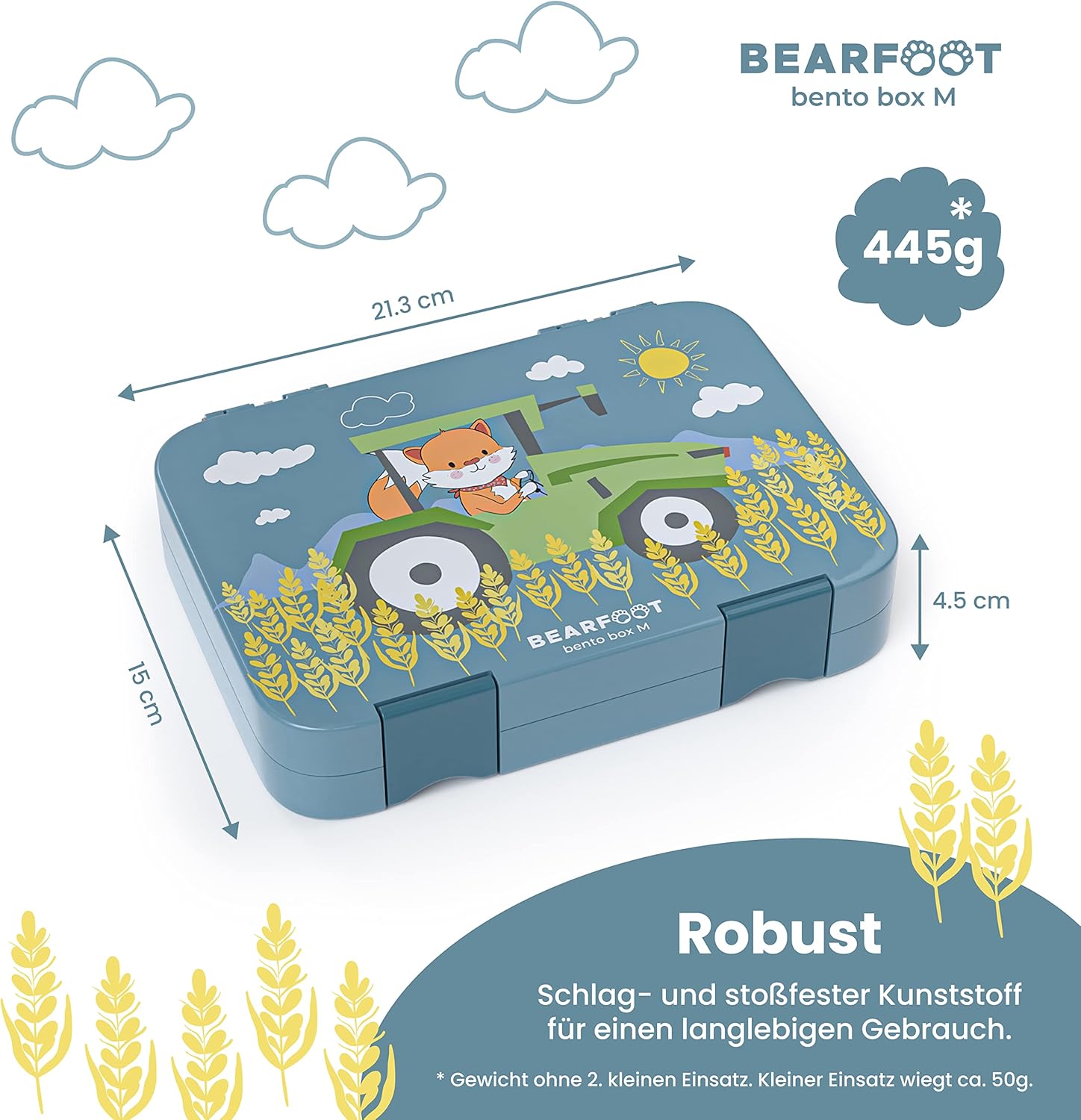 BEARFOOT Children's Bento Lunch Box with Compartments, BPA-Free (Blue - Tractor Fuchs)