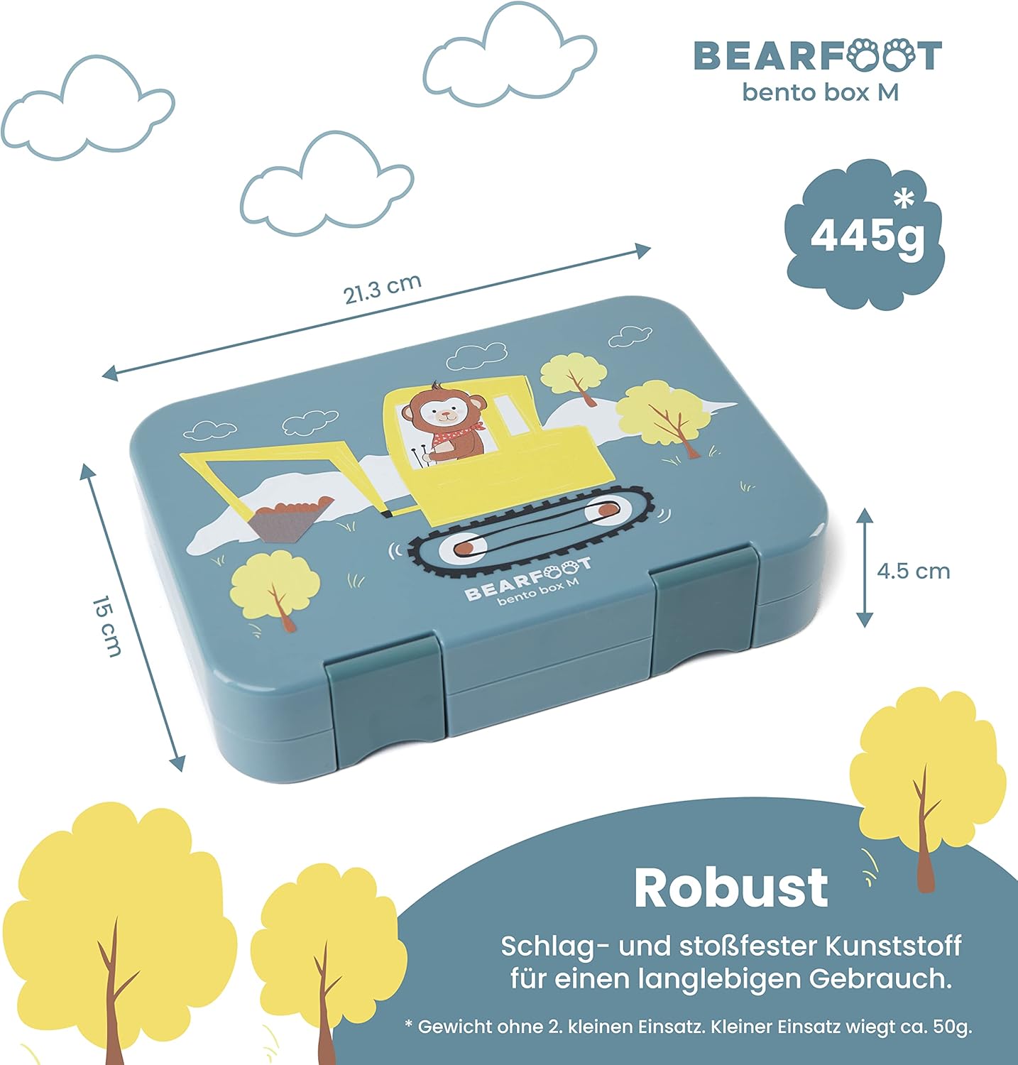 BEARFOOT Children's Bento Lunch Box with Compartments, BPA-Free (Blue - Digger Monkey)
