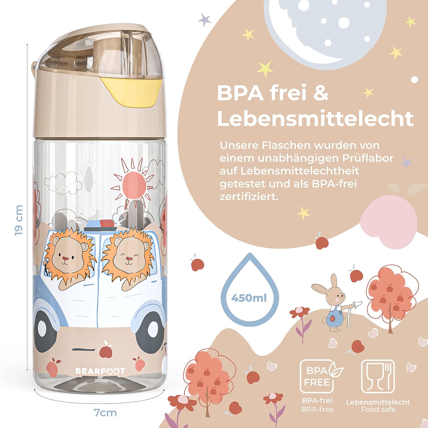 BEARFOOT Children's Water Bottle, 450 ml, Lightweight Tritan BPA-Free (Beige - Police Lions)