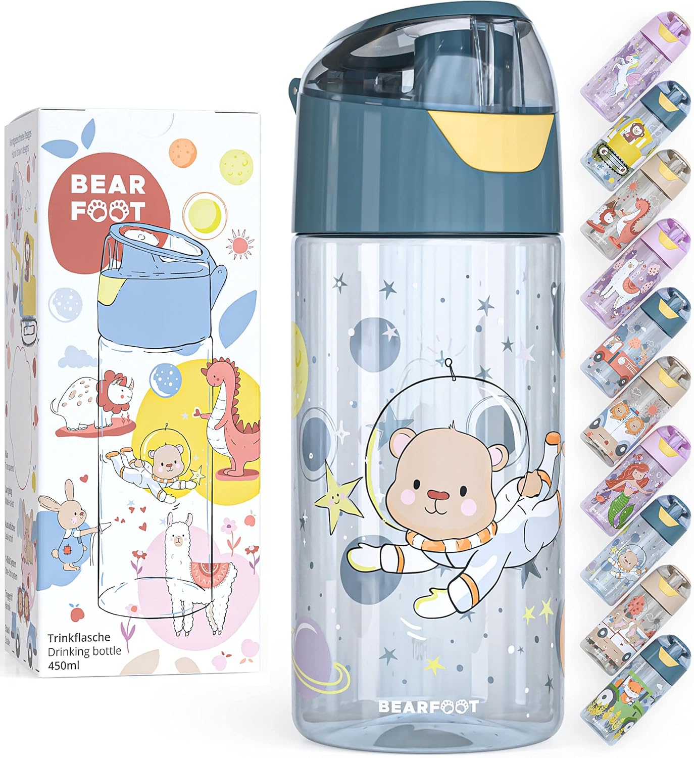 BEARFOOT Children's Water Bottle, 450 ml, Lightweight Tritan BPA-Free (Blue - Astrobear)
