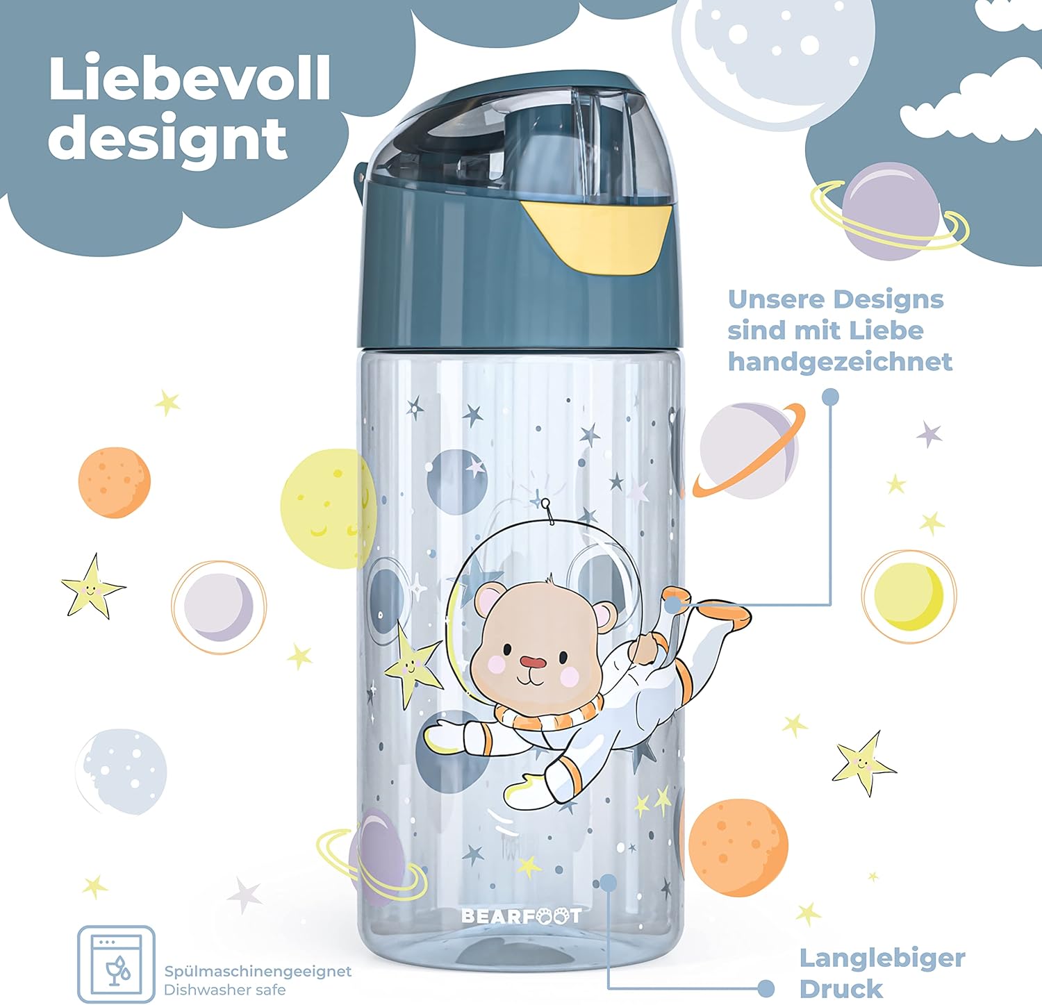 BEARFOOT Children's Water Bottle, 450 ml, Lightweight Tritan BPA-Free (Blue - Astrobear)