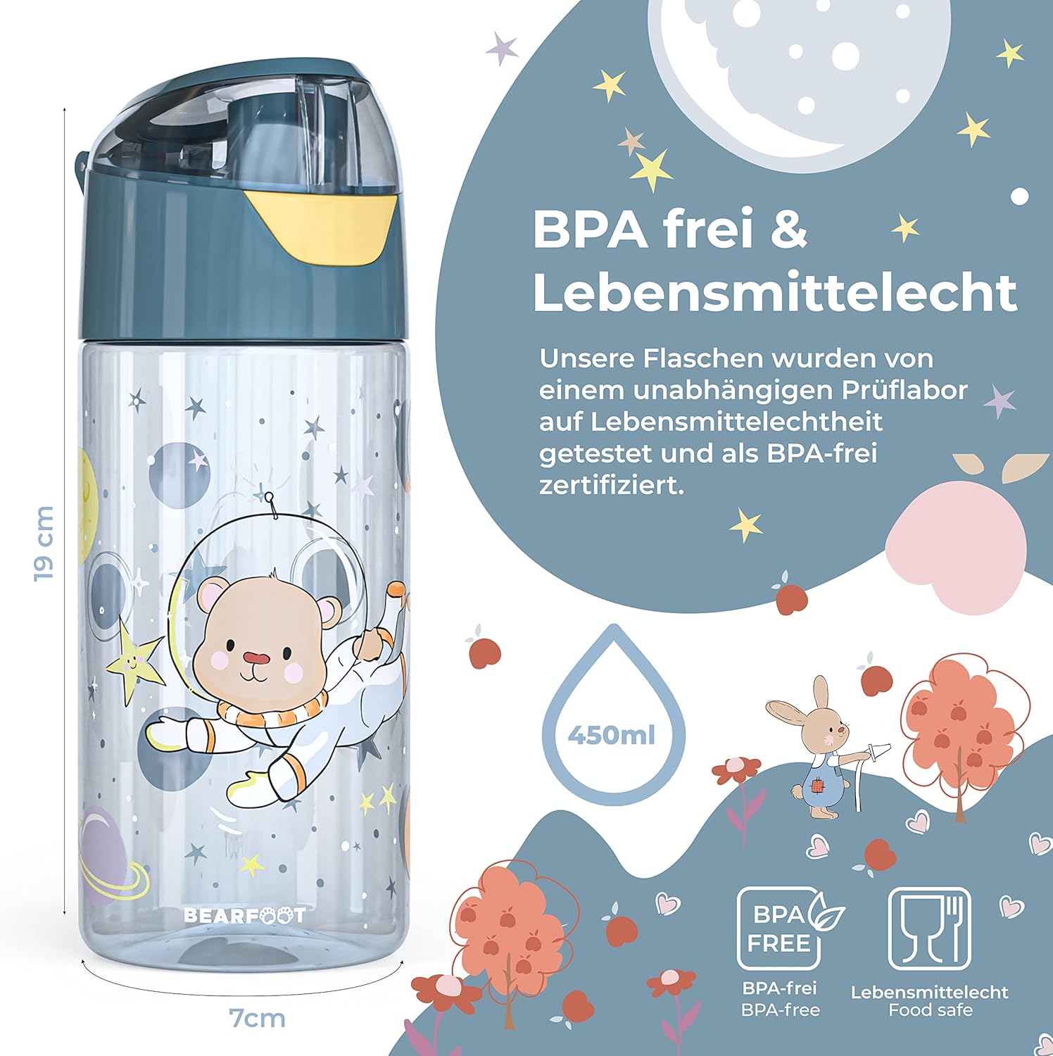 BEARFOOT Children's Water Bottle, 450 ml, Lightweight Tritan BPA-Free (Blue - Astrobear)