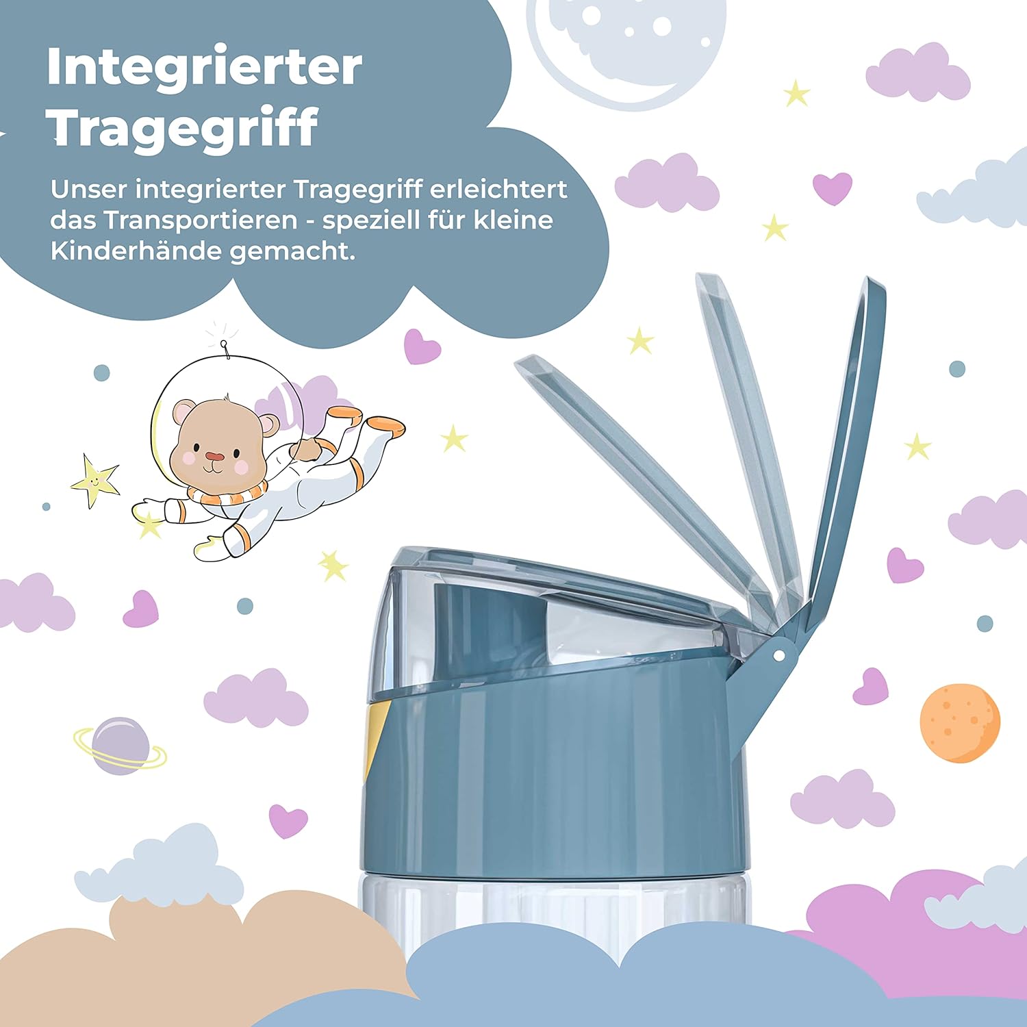 BEARFOOT Children's Water Bottle, 450 ml, Lightweight Tritan BPA-Free (Blue - Astrobear)