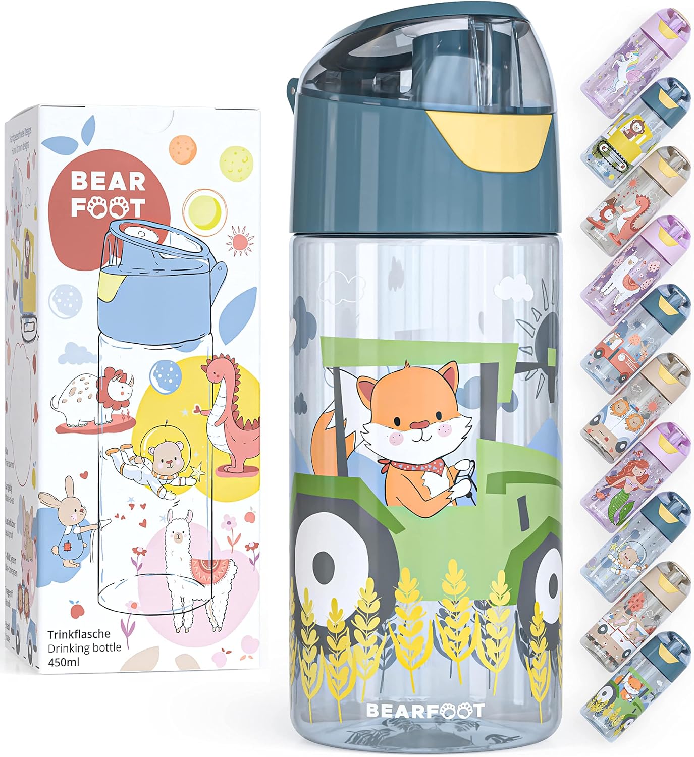 BEARFOOT Children's Water Bottle, 450 ml, Lightweight Tritan BPA-Free (Blue - Tractor Fuchs)