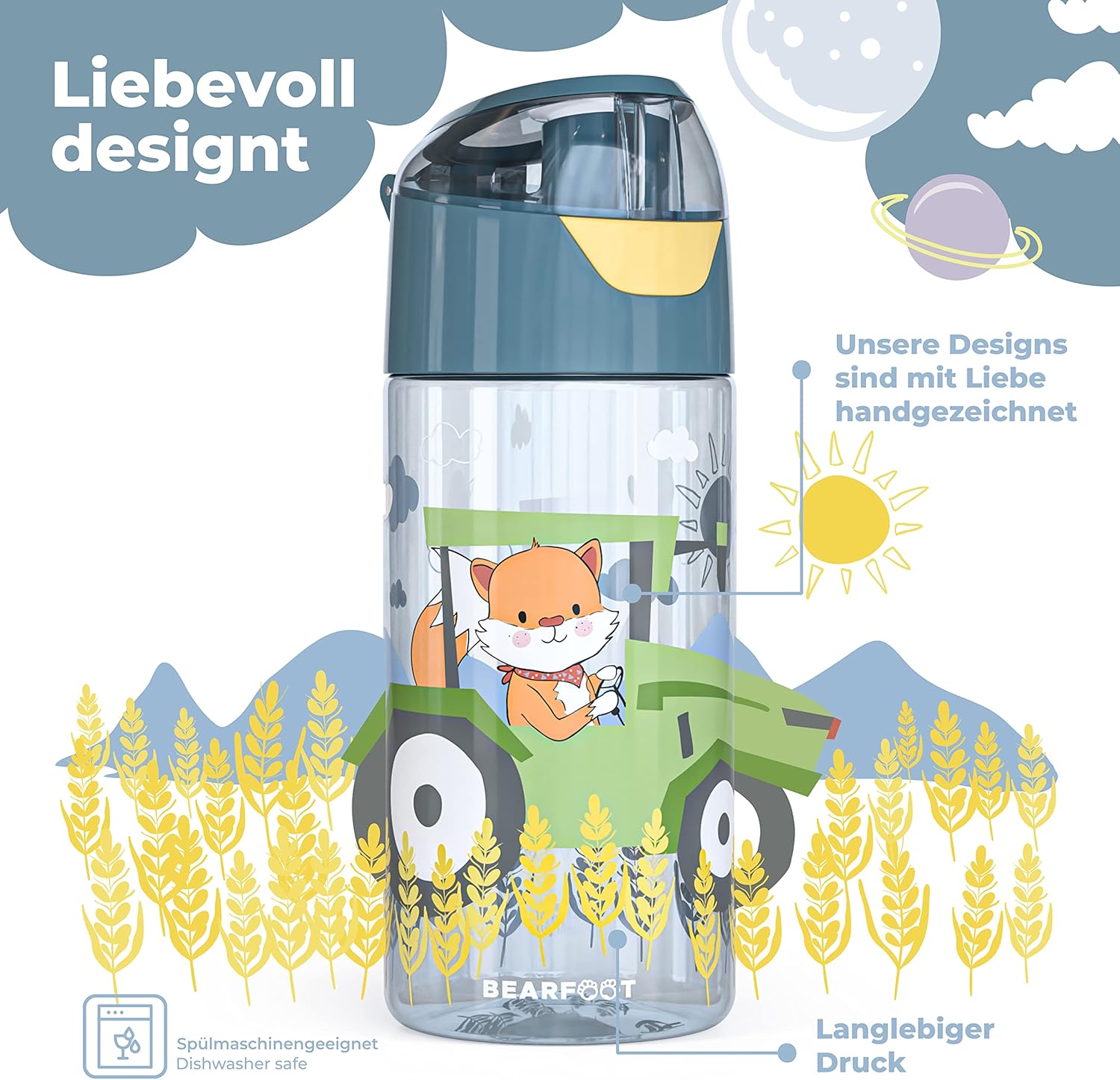 BEARFOOT Children's Water Bottle, 450 ml, Lightweight Tritan BPA-Free (Blue - Tractor Fuchs)