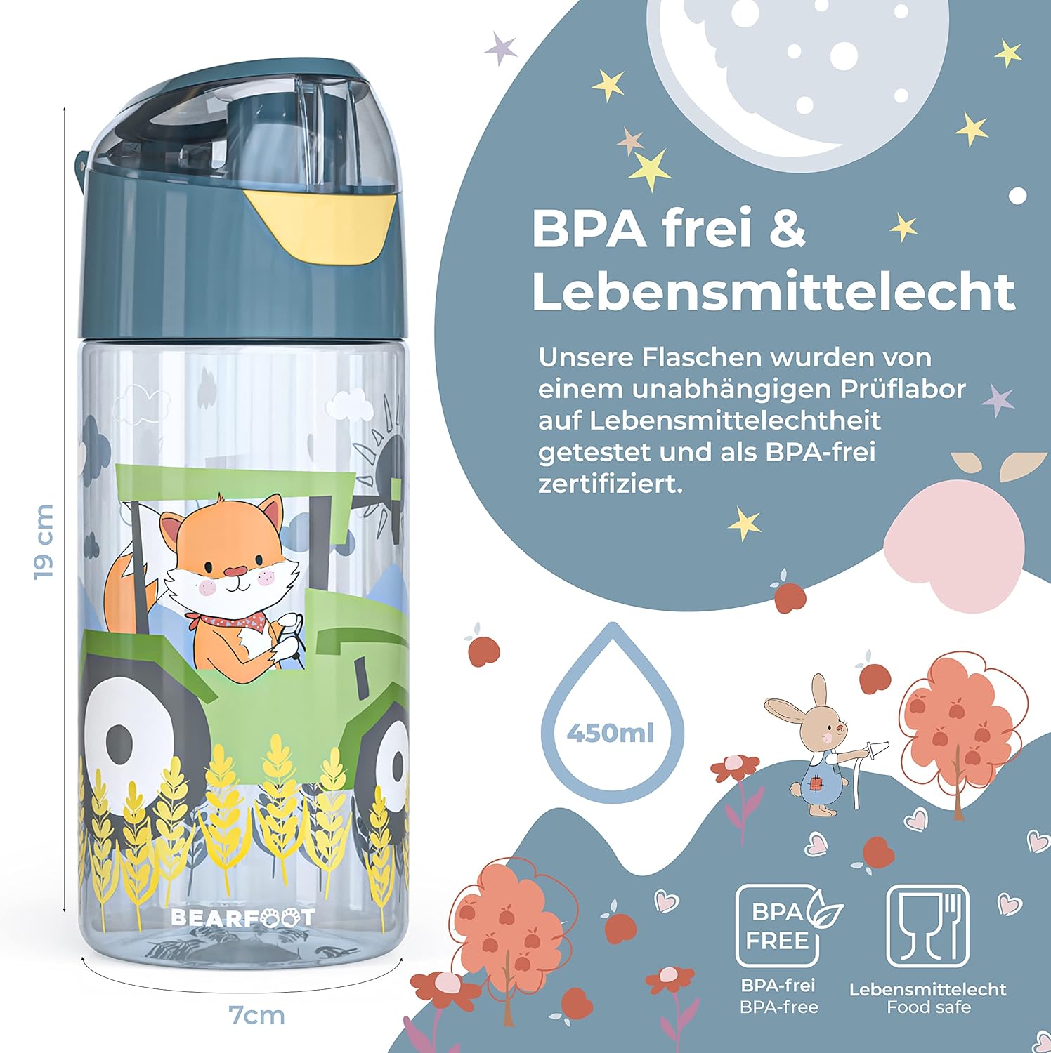 BEARFOOT Children's Water Bottle, 450 ml, Lightweight Tritan BPA-Free (Blue - Tractor Fuchs)