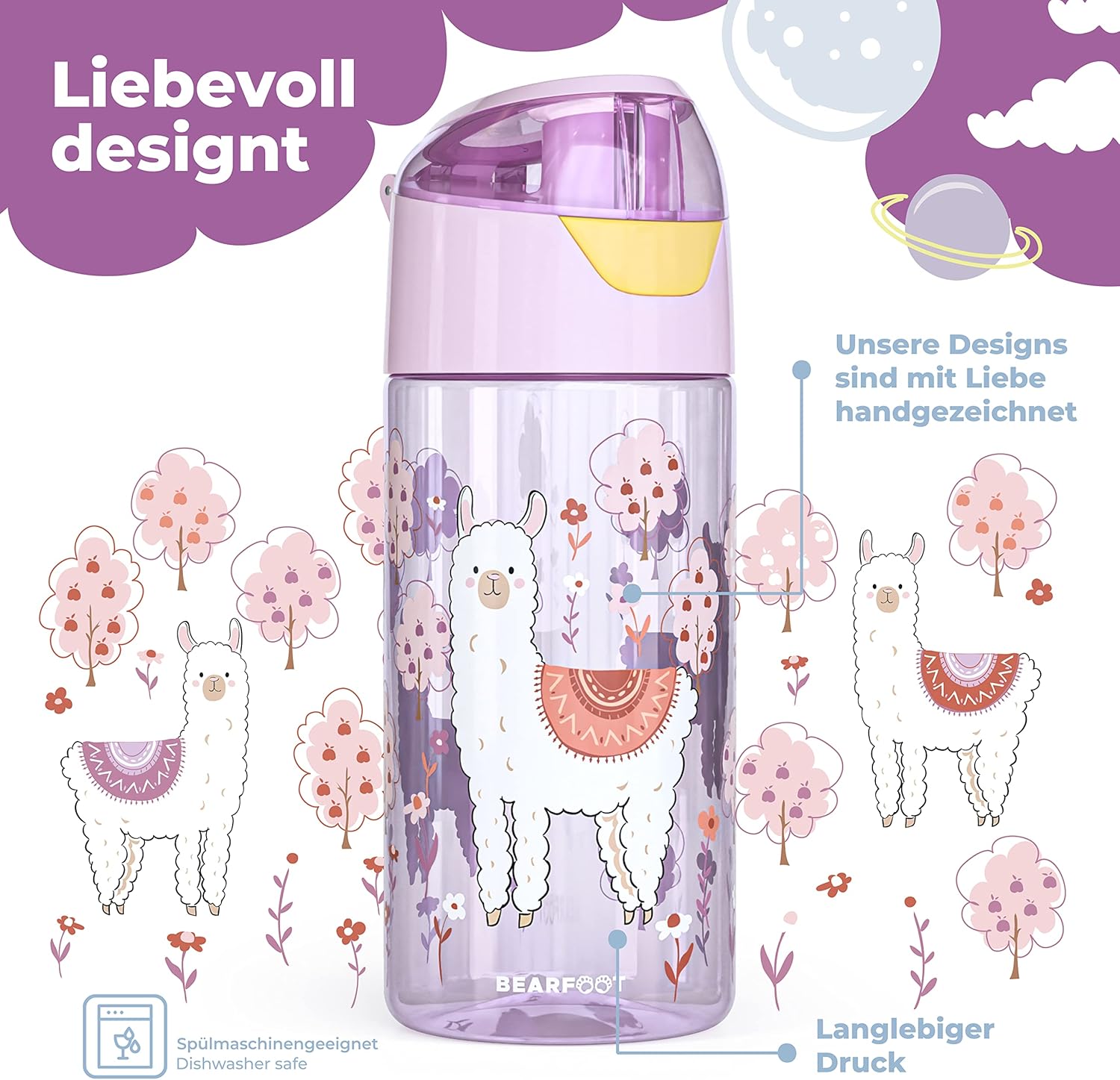 BEARFOOT Children's Drinking Bottle, 450 ml, Lightweight Tritan BPA-Free (Purple - Lama)